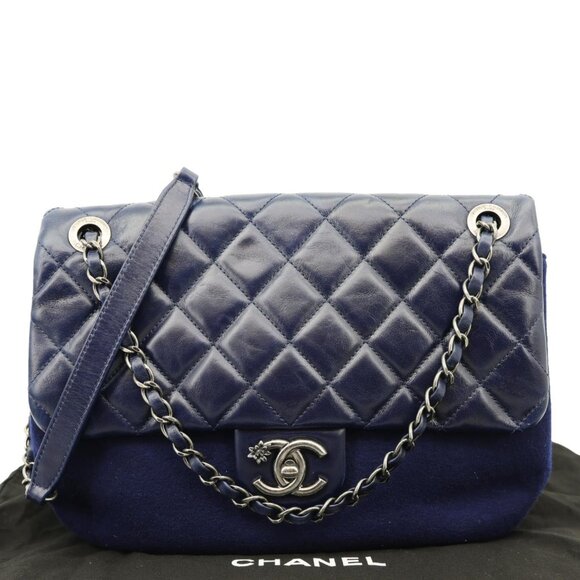 Chanel  Classic Single Flap Wool Leather Shoulder Bag Navy Blue - Picture 3 of 10